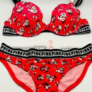 Victoria's Secret PINK NEW RARE BRA 36B AND BIKINI (M) SET RED/BLACK FLORAL